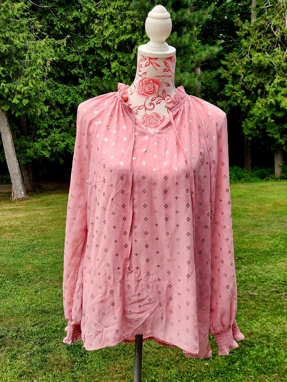 Time and Tru Pink Metallic Dot Tie-Front Ruffle Neck Blouse